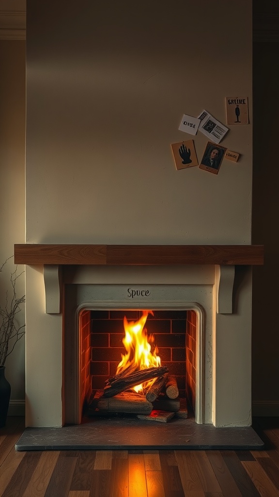 Cozy fireplace with wooden mantel and warm flames