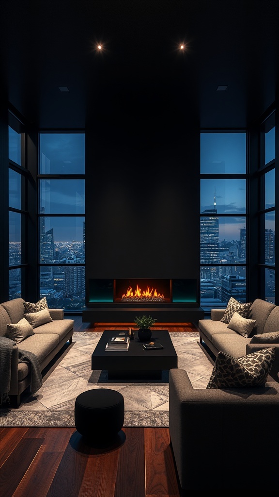 A modern luxury dark living room featuring large windows, a sleek fireplace, and plush sofas.