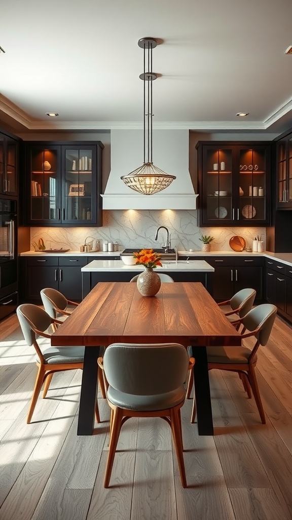 A modern kitchen featuring a large wooden table surrounded by stylish chairs, with dark cabinetry and ample natural light.
