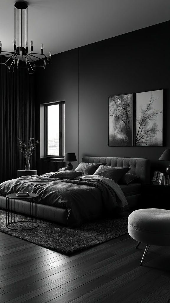 A black modern bedroom featuring a plush bed, elegant chandelier, and stylish decor.