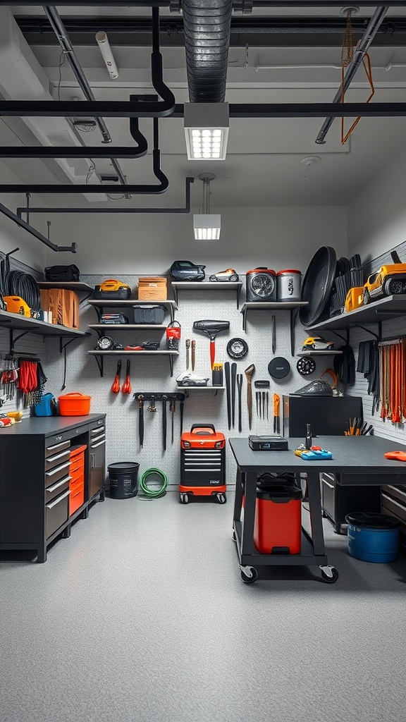 A modern garage workshop showing organized tools and a clean layout