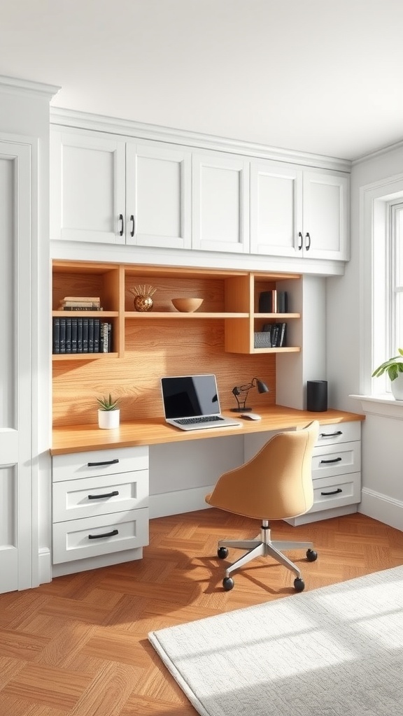 A stylish custom built-in desk with white cabinetry and wooden surfaces.