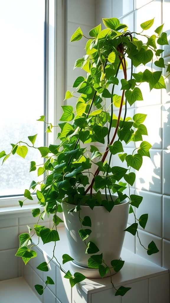 A healthy English Ivy plant in a white pot near a window, with sunlight shining through its lush green leaves.