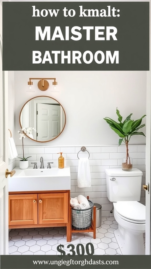 A beautifully updated master bathroom featuring a white vanity, round mirror, wooden cabinet, and hexagonal tile flooring.