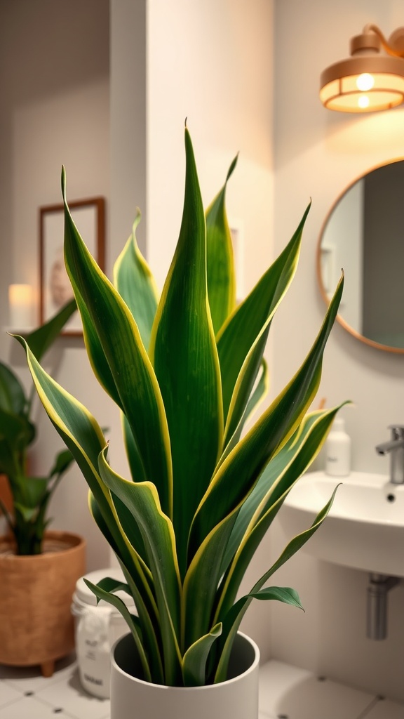 A tall Mother In-Law's Tongue plant with green leaves edged in yellow, placed in a modern bathroom setting.