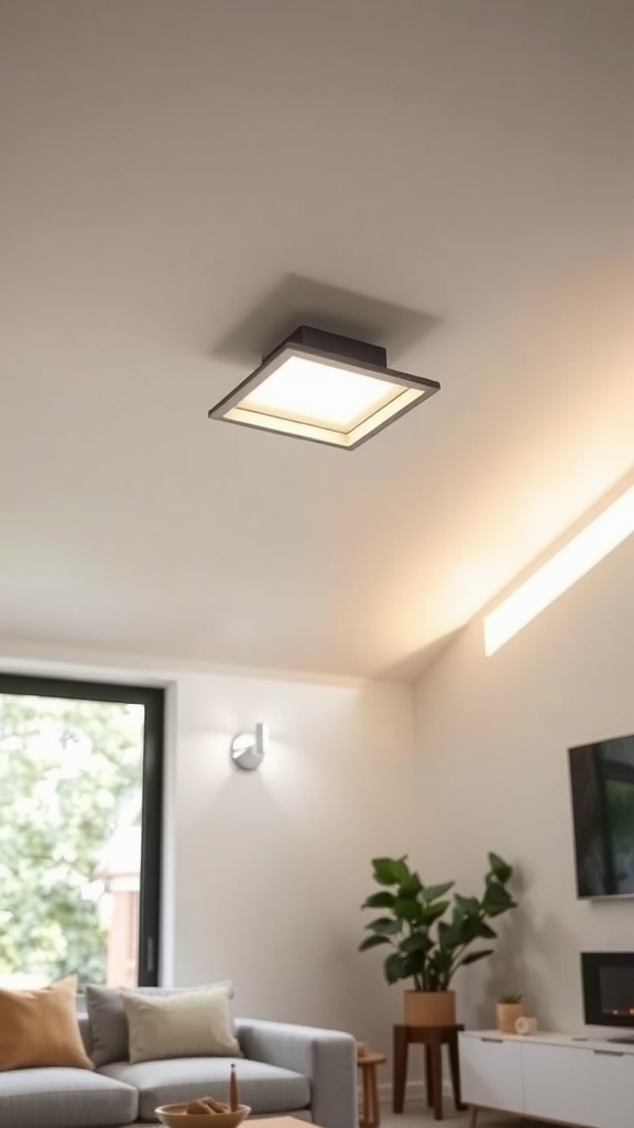 A modern 4-inch dimmable square wafer light installed on a sloped ceiling.