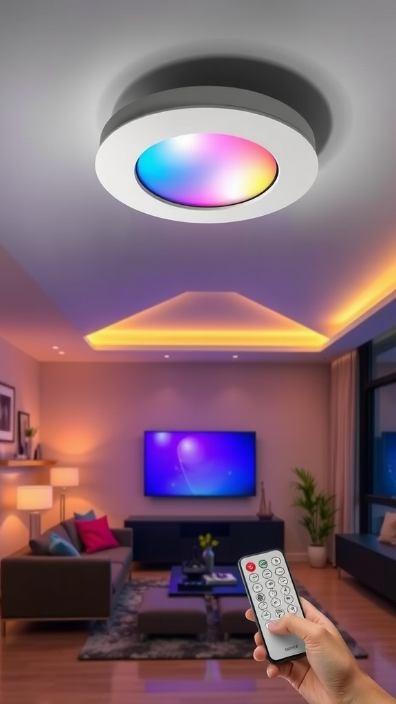 Color changing recessed light with remote control in a modern living room setting