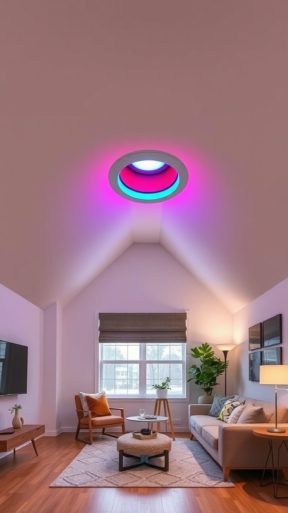 Living room featuring a 4 inch color changing smart recessed light fixture by Siksog, casting pink and teal light.