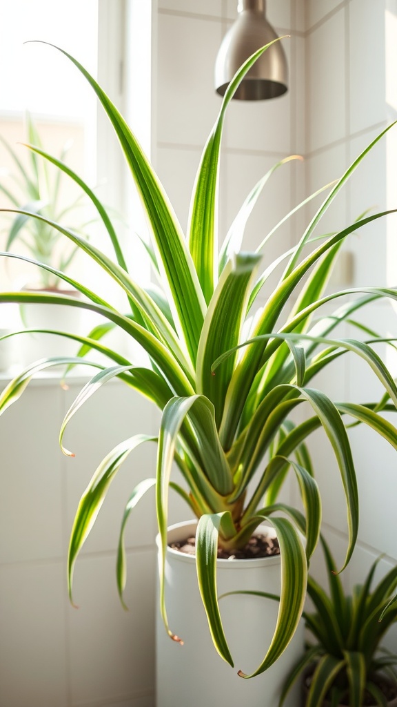 A healthy Spider Plant with long, green leaves in a bright bathroom setting.