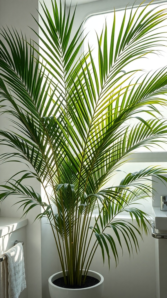 A Reed Palm plant in a bright bathroom with a window