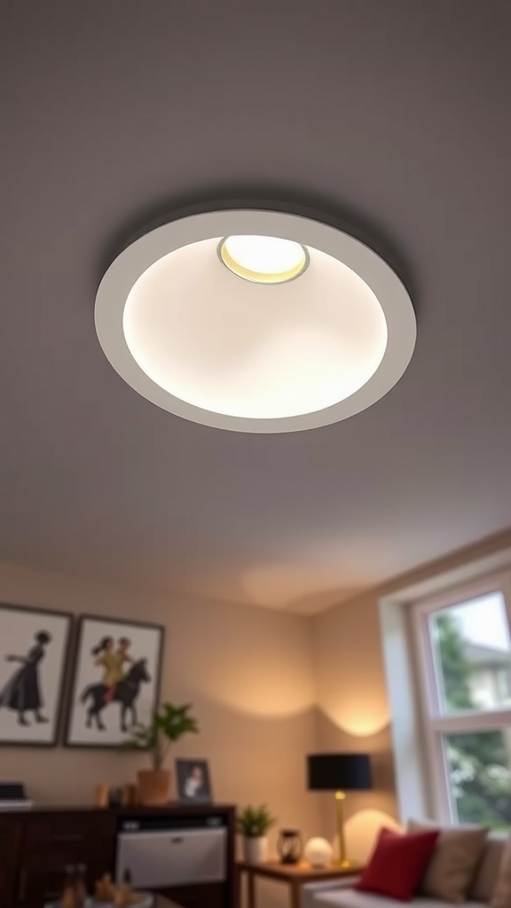 Recessed lighting fixture with a baffle trim, illuminating a cozy room.