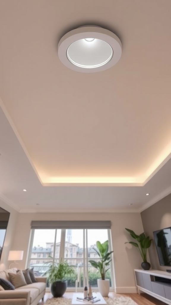 Low profile LED light fixture on a sloped ceiling in a modern living room