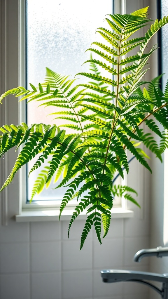 Boston Fern with vibrant green fronds by a window in a bathroom setting.