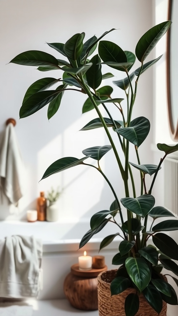 A vibrant Zanzibar Gem plant in a bathroom setting, adding a touch of greenery and elegance.