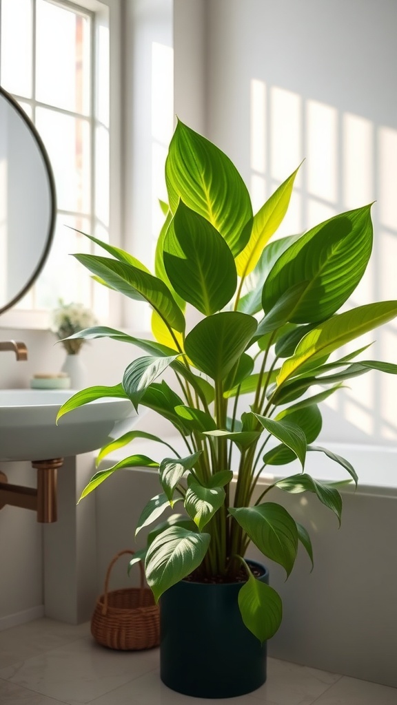 A healthy Cast Iron Plant in a well-lit bathroom