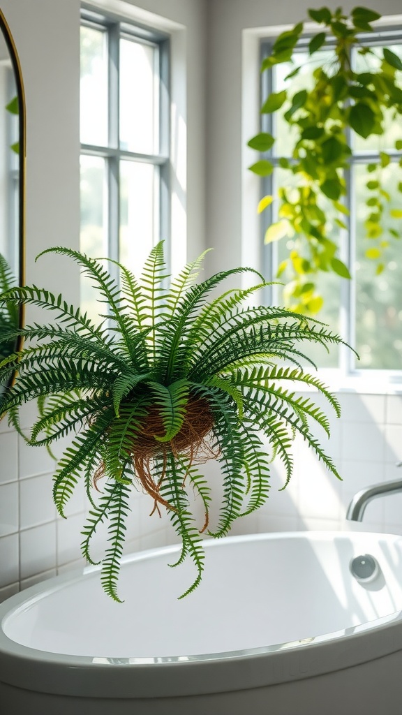 A Bird's Nest Fern hanging in a bright bathroom with a bathtub and large windows