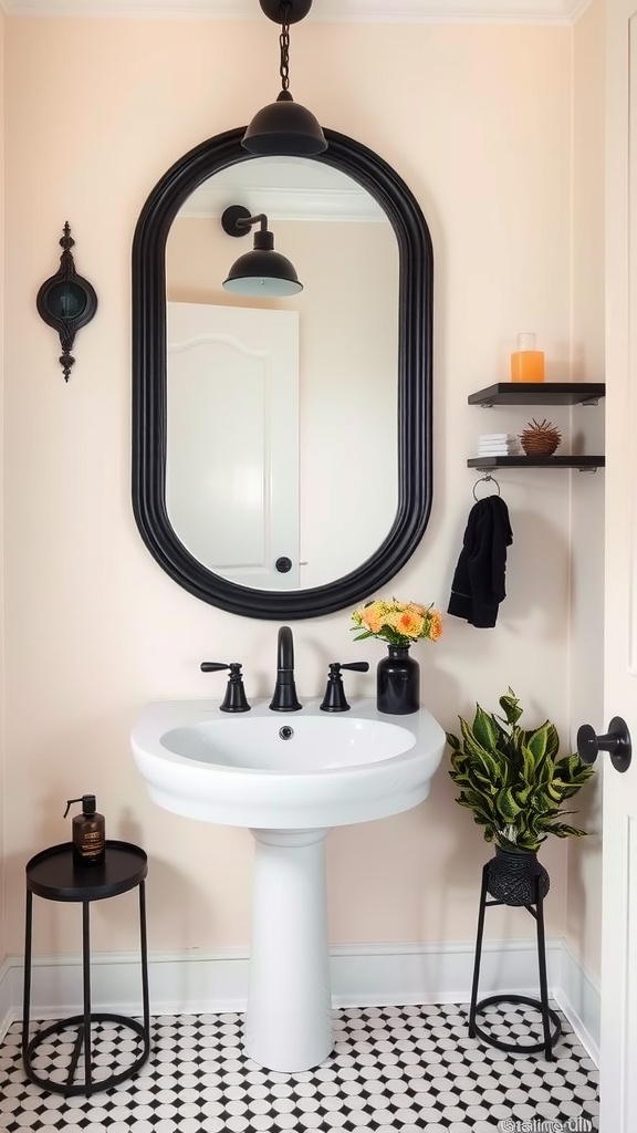 A stylish bathroom featuring peach walls, a black mirror, and black accents.