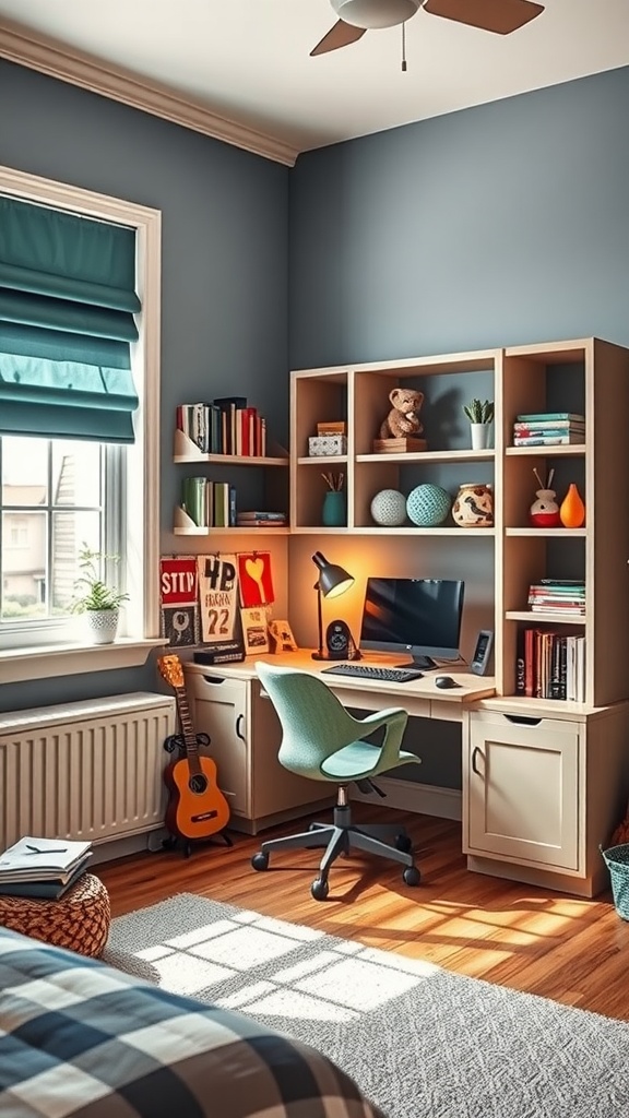 A boy's bedroom featuring a built-in desk with shelves, a laptop, and colorful decorations.