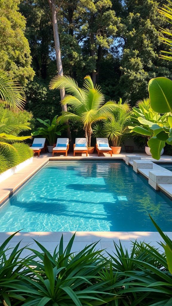 A stylish rectangular swimming pool surrounded by lush greenery and comfortable loungers.