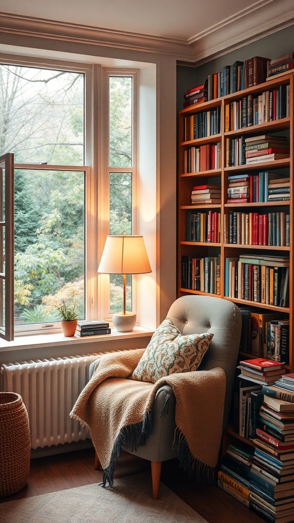 A cozy reading nook with an armchair, a lamp, and a bookshelf filled with books next to a window.