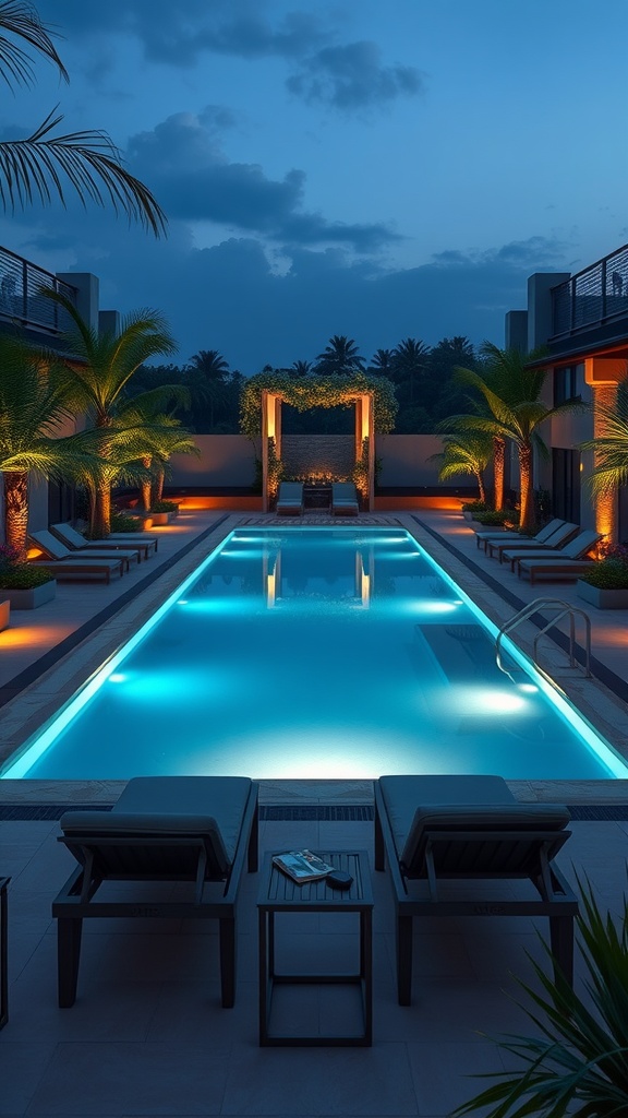 A beautifully designed rectangular swimming pool illuminated at night, surrounded by palm trees and comfortable loungers.