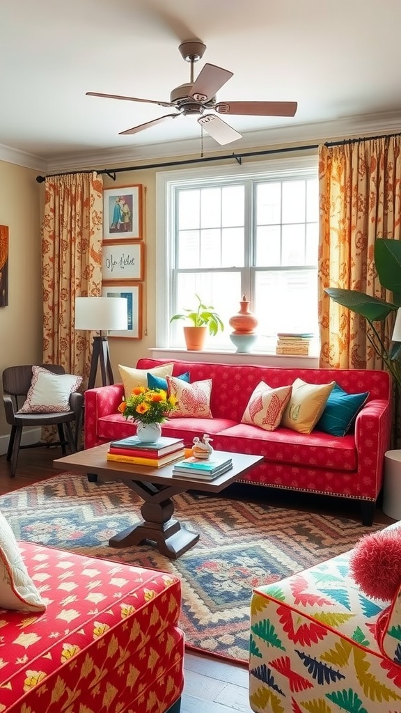 A cozy living room featuring patterned sofas, vibrant cushions, and a colorful rug, showcasing a mix of styles.