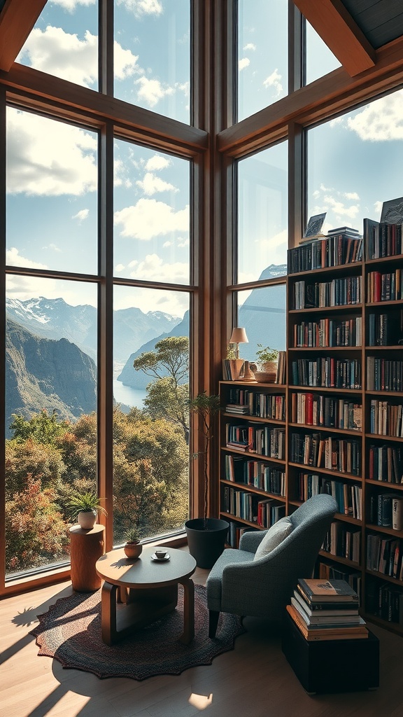 A cozy home library with large windows showcasing mountain and water views, featuring a comfortable chair, a small table, and bookshelves filled with books.