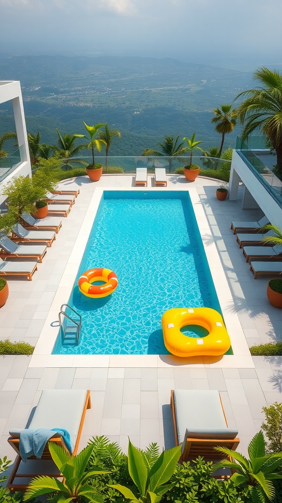 A modern rectangular swimming pool surrounded by lounge chairs and inflatable rings, with a mountain view in the background.