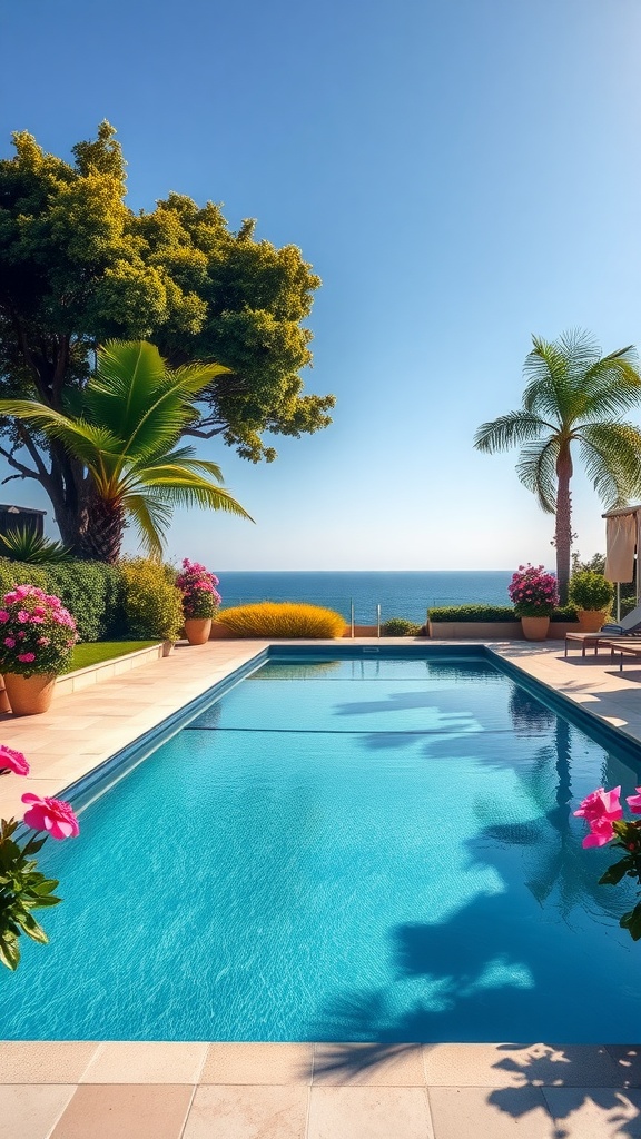 A serene rectangular swimming pool surrounded by green trees and colorful flowers, overlooking the ocean.
