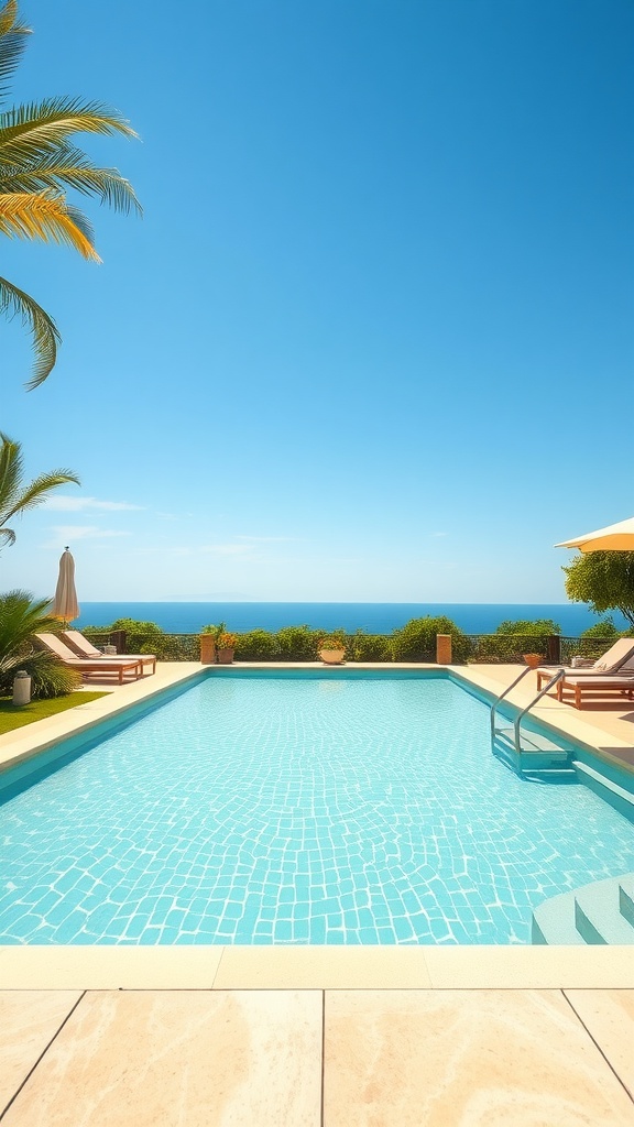 A rectangular swimming pool with turquoise water, surrounded by palm trees and lounge chairs, overlooking the ocean.