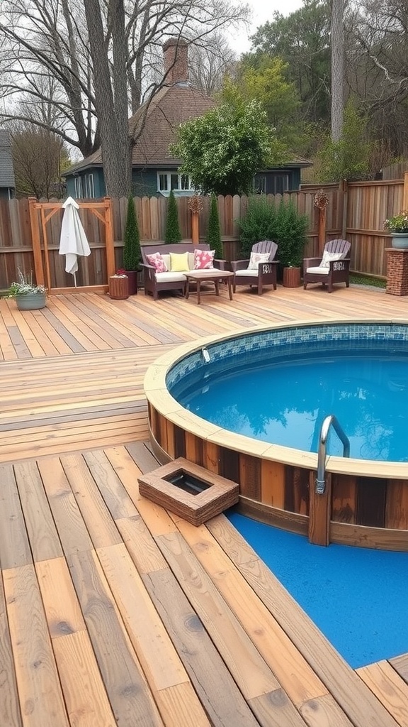 Above-ground pool surrounded by wooden pallets and a cozy seating area.