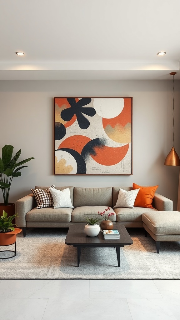 A contemporary living room featuring abstract art on the wall, a comfortable sofa, and decorative elements.