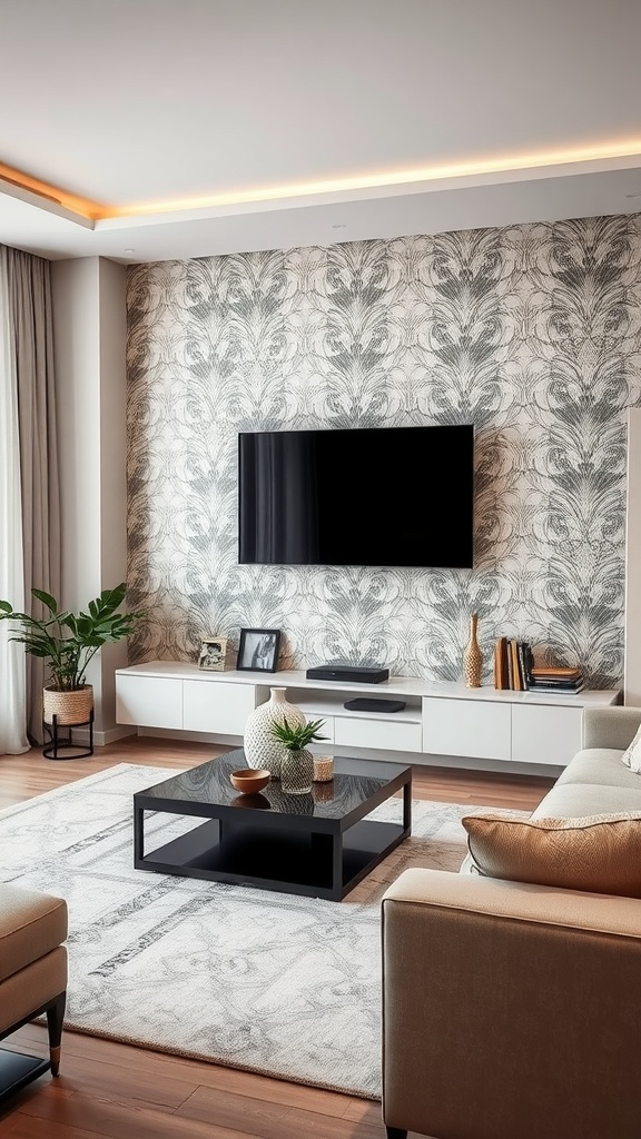 Living room featuring a TV mounted on a patterned wallpaper accent wall, with modern furniture and decor.