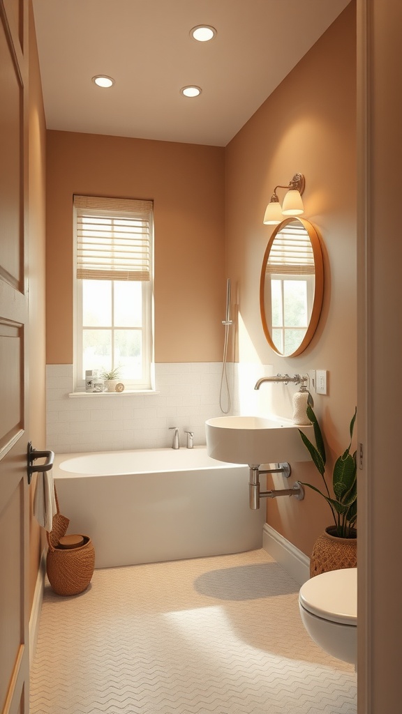 A small bathroom featuring warm taupe walls, a white bathtub, and modern fixtures.