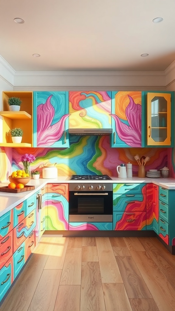 A bright and colorful kitchen with cabinets featuring swirls of blue, pink, and yellow.