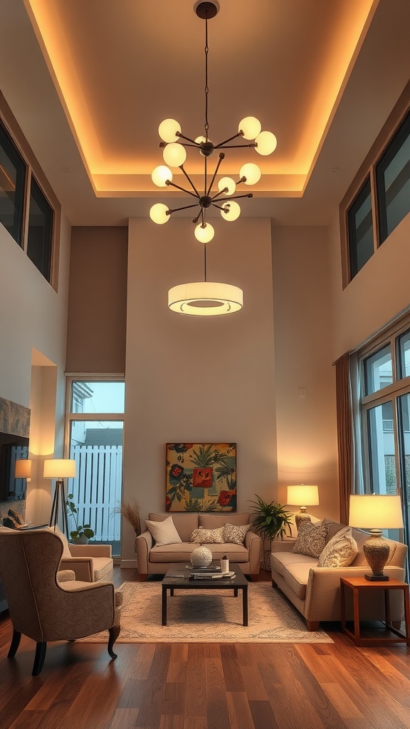 A spacious living room with high ceilings, featuring a stylish chandelier and warm lighting.
