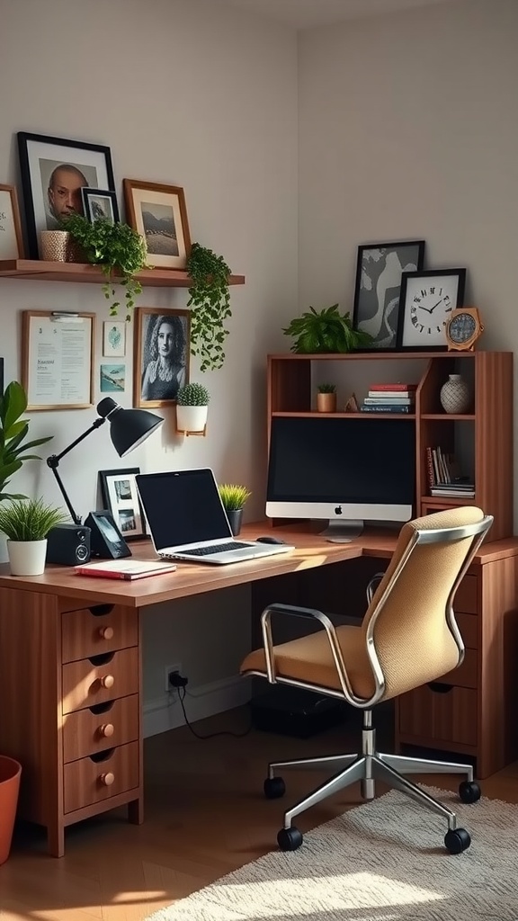 A cozy home office setup featuring a corner desk with plants, decorative photos, and modern tech.