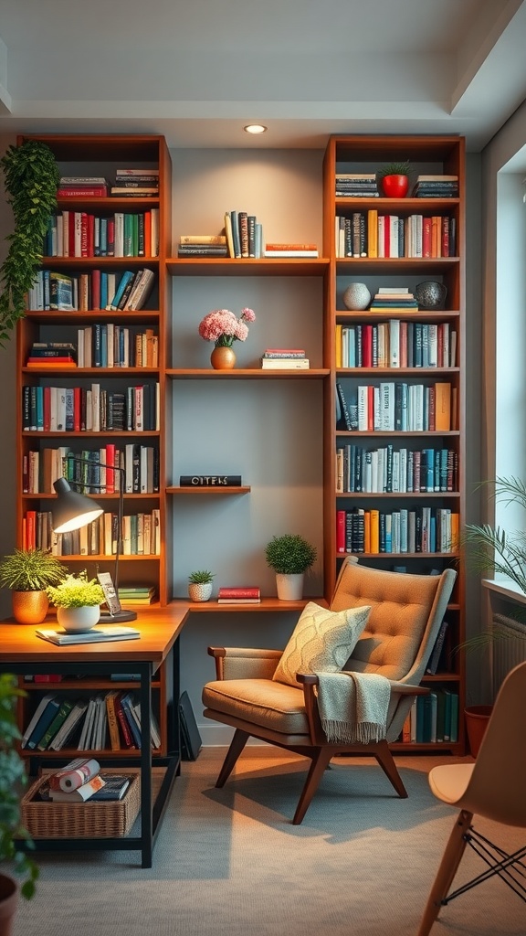 Cozy home office with a bookshelf full of books and decorative elements