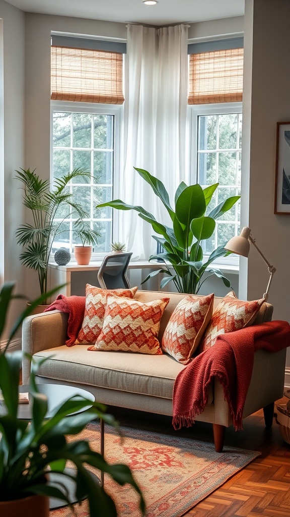 A cozy home office featuring a small sofa with decorative pillows, a blanket, and indoor plants.