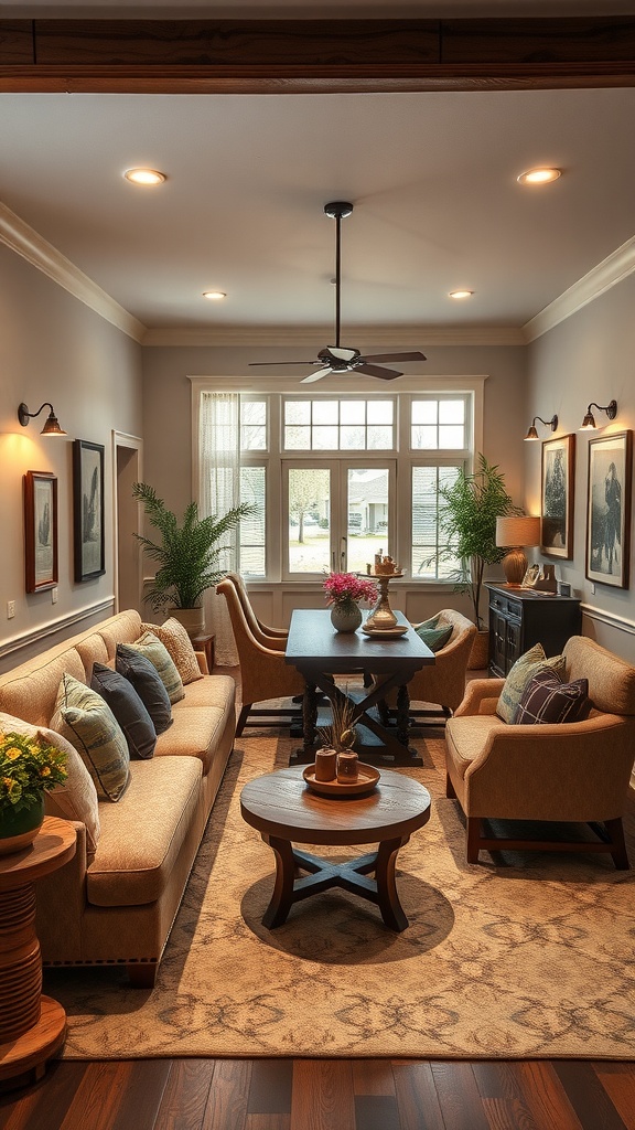 A cozy living room dining room combo featuring built-in seating, large windows, and a warm atmosphere.