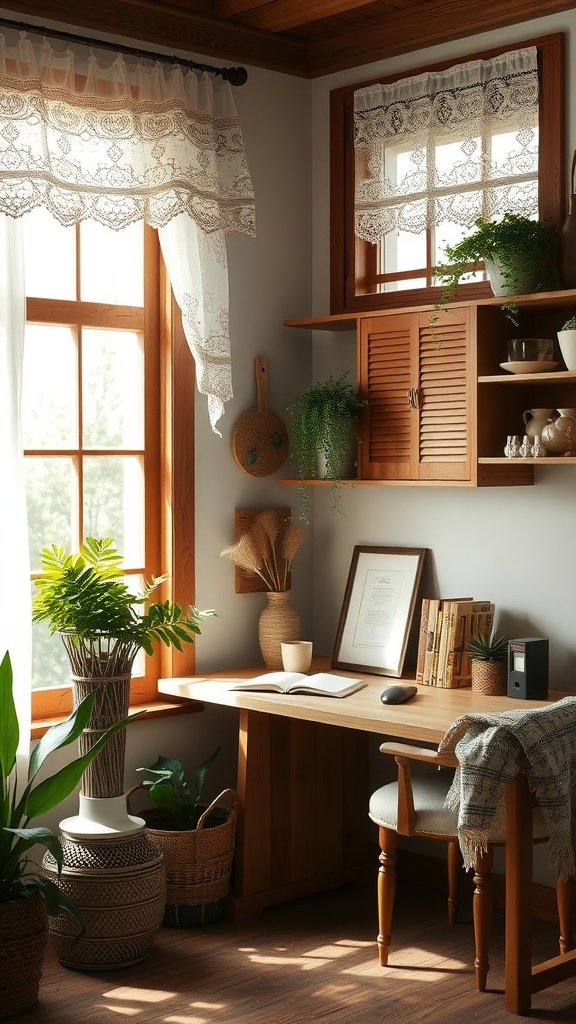 A cozy home office space featuring lace window treatments, wooden furniture, and indoor plants.
