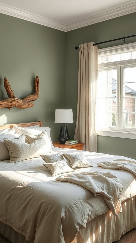 A cozy sage green bedroom with driftwood decor, featuring a bed with soft pillows and a natural wood shelf.