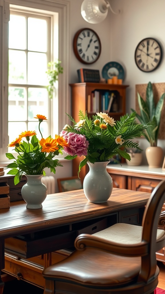 A cozy home office with a wooden desk featuring two vases of fresh flowers, enhancing the English cottage style.