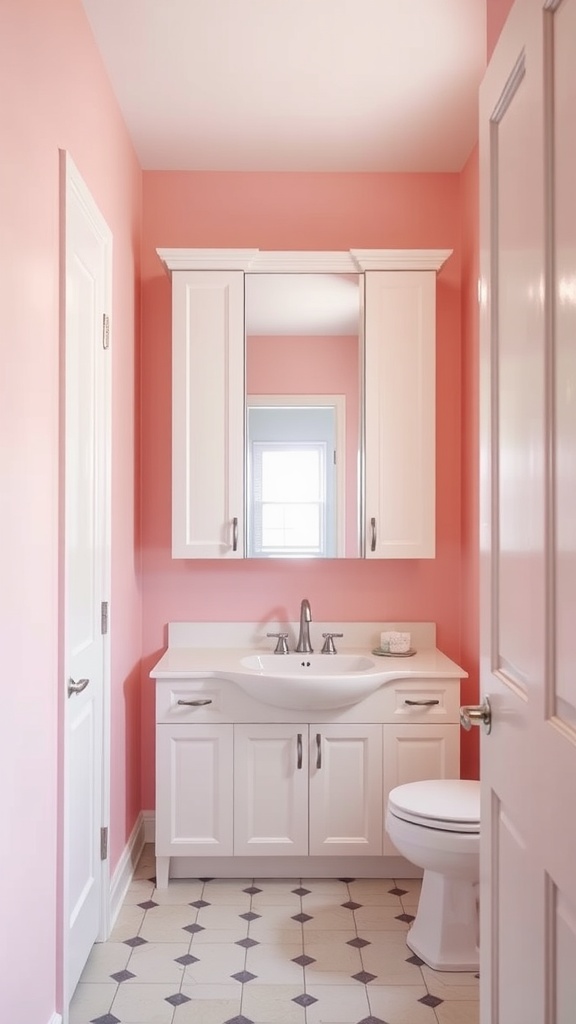 A small bathroom with calming pink walls, white cabinetry, and a modern sink.