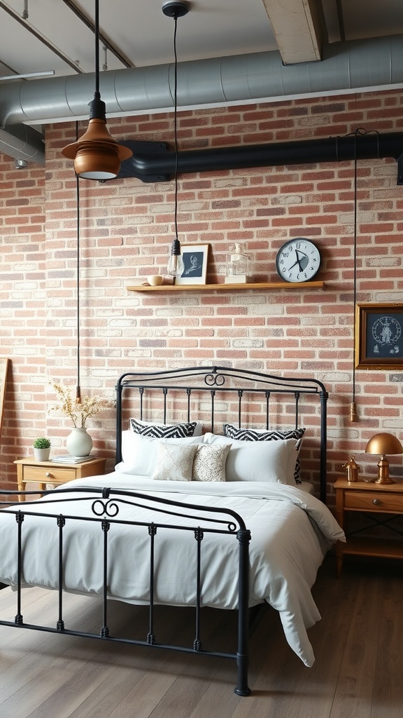 A modern industrial bedroom featuring a black metal bed frame, warm pendant lighting, and a brick wall background.