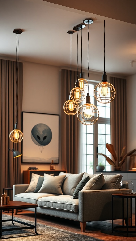 A cozy living room featuring pendant lights with various designs, showcasing warm lighting and modern decor