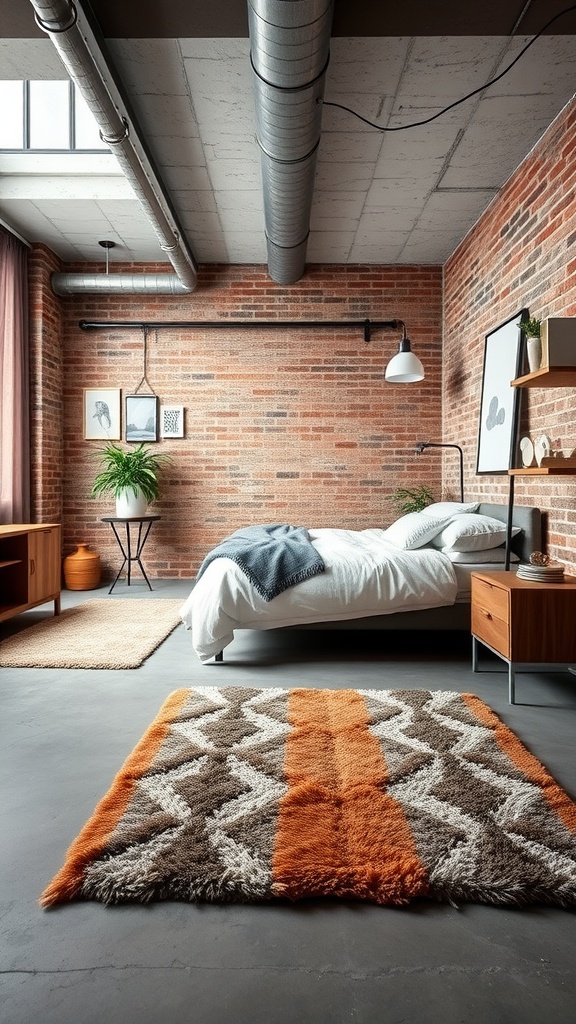 A modern industrial bedroom featuring a plush area rug with a geometric design, exposed brick walls, and a cozy bed.