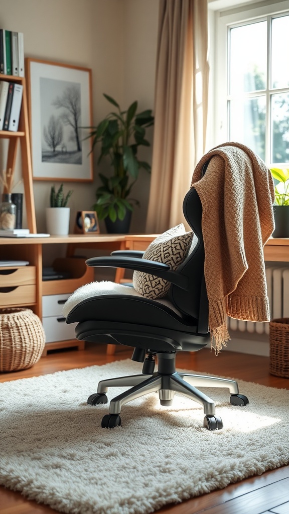 Cozy home office with a plush chair and soft textiles
