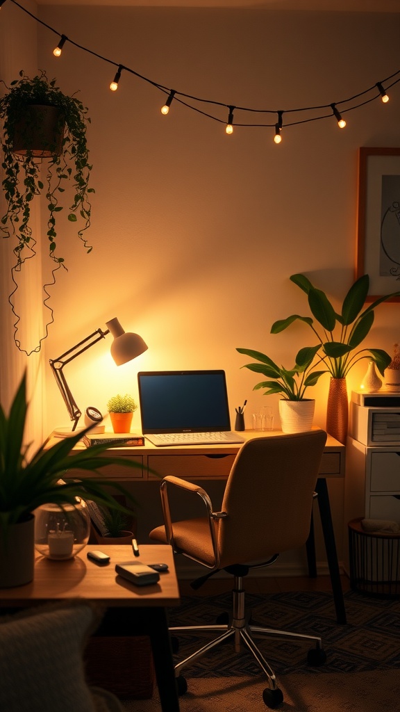 Cozy home office with soft lighting, plants, and a warm atmosphere.