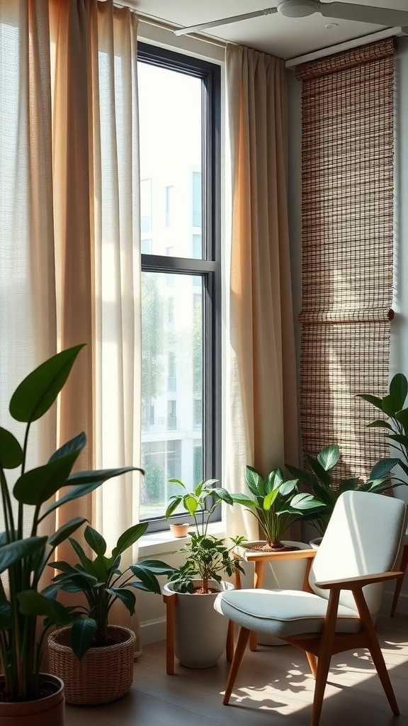 A bright office corner with sheer curtains and bamboo shades, surrounded by potted plants.